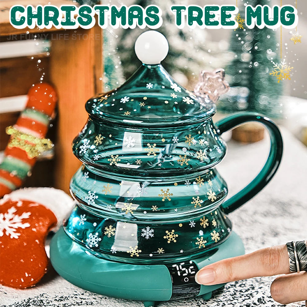 Christmas Tree Glass Cup With Lid and Stirring Rod Transparent Coffee Cup Milk Mug Tumblers For Kids Children's Christmas Gift