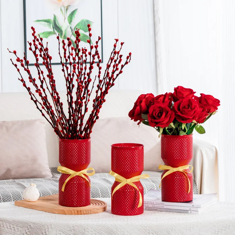 Modern Plastic Flower Vase Red Chinese New Year Plants Pots Home Living Room Decoration Interior Office Desktop Decor Gifts