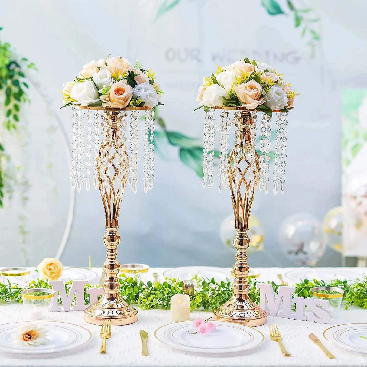 10 Pcs Gold Vase for Wedding Centerpieces Table Decorations with Chandelier Crystals, Flower Vase, Wedding Metal Flower Stand