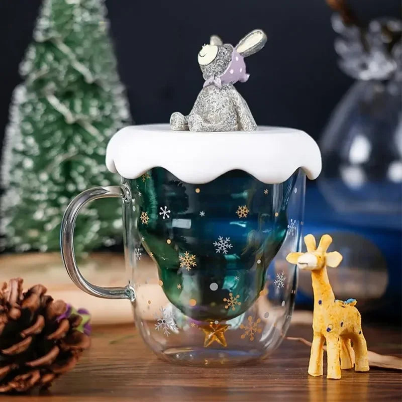 Christmas Tree Mug Snow Mountain Glass cup Heat Resistant Double Wall Glass Coffee Cup Cartoon Christmas Gift  Milk  Drinkware