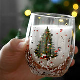 Christmas Double Wall Glass Cup Heat-resistant Water Cup Christmas Tree Snowman Pattern Juice Tea Milk Coffee Mug Xmas Gift