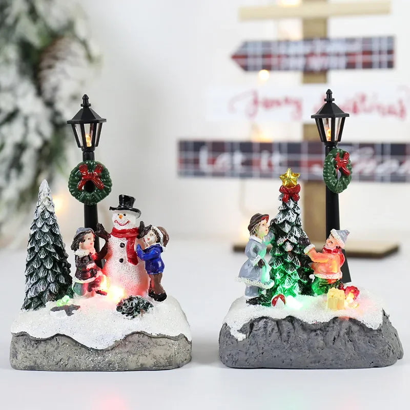 LED Christmas Village Ornaments Microlandscape Resin Figurines Decoration Santa Claus Pine Needles Snow View Holiday Gift