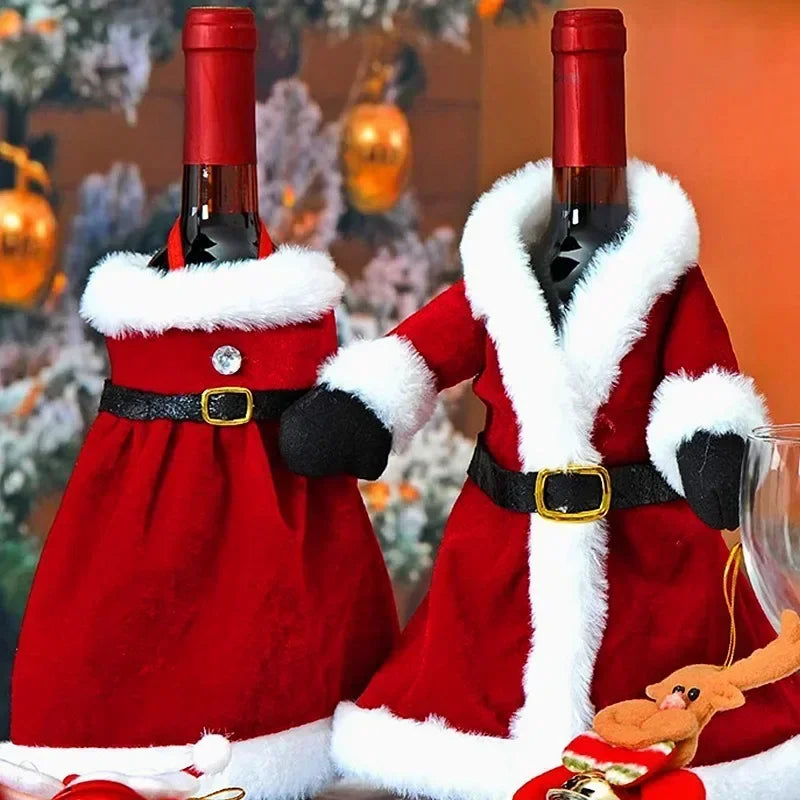 6/1pc Christmas Wine Bottle Cover Red Velvet Dress Clothes Bottles Bags for Xmas Dinner Table New Year Party Home Decoration