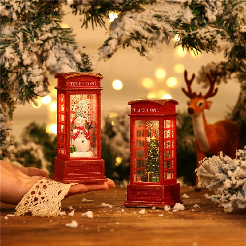 1Pc Christmas Light-Up Maroon Phone Booth With Santa Decorative Christmas Themed Snow Globe Light For ChristmasDecorative