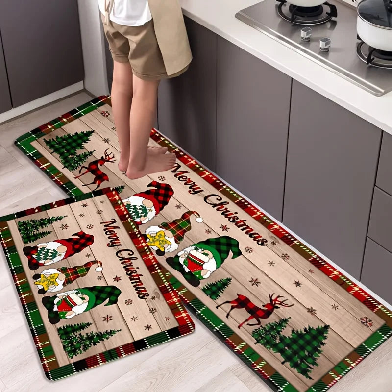 Merry Christmas Gnome Xmas Tree Pattern Kitchen Rugs Living Room Bedroom Entrance Carpets Balcony Bathroom Non-slip Floor Mats