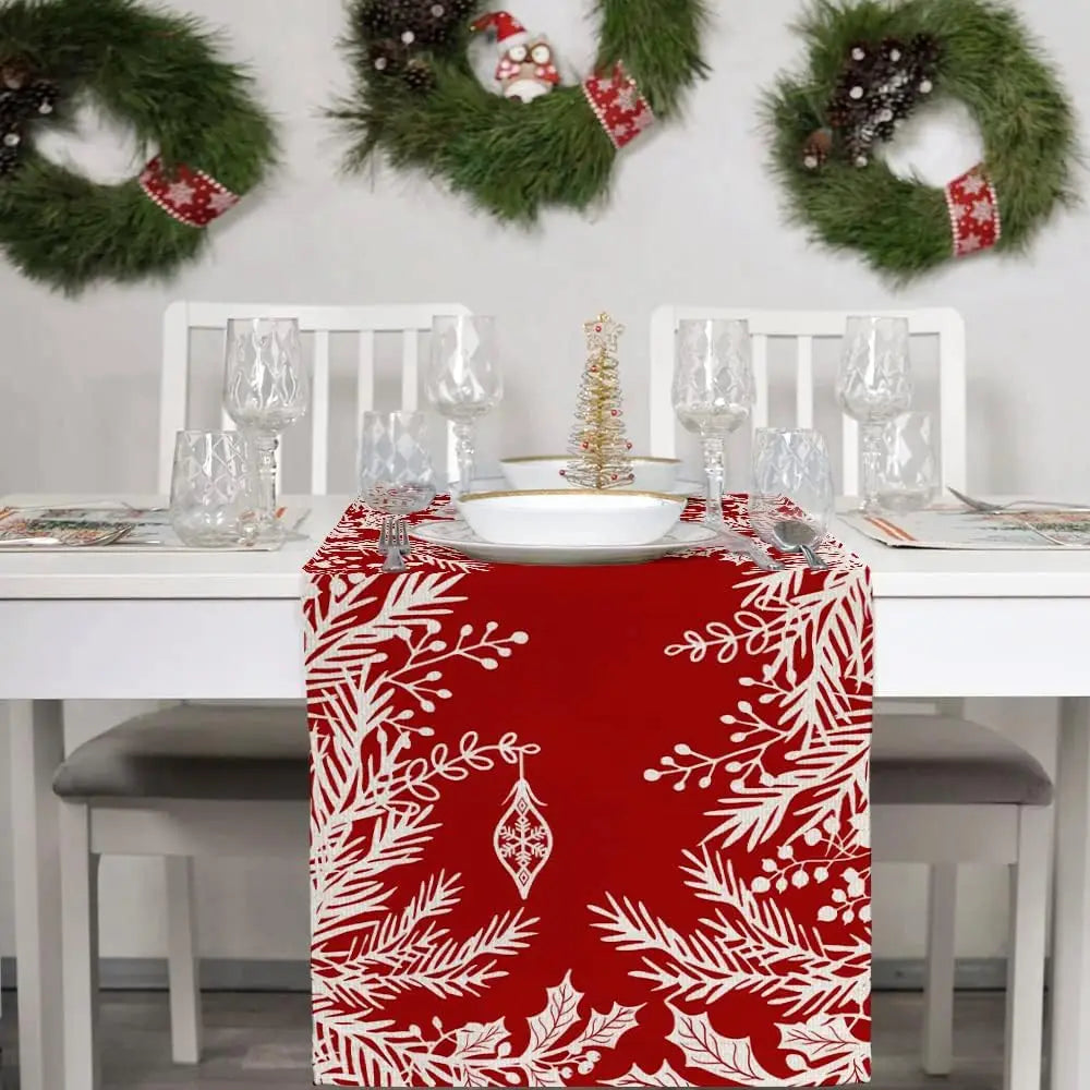 Christmas Floral Leaf Red Linen Table Runners Holiday Party Decor Farmhouse Dining Table Runners Christmas Party Decorations