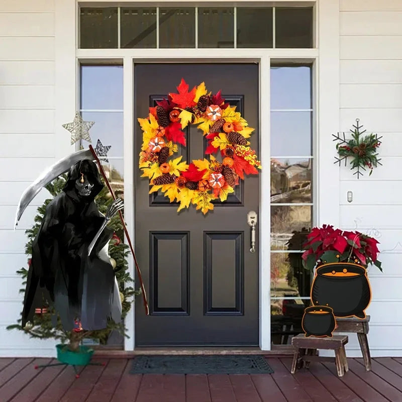 Autumn Door Wreath Christmas Halloween Decoration Pumpkin Berry Pine Cone Maple Artificial Wreath Cloth Rattan Material Home