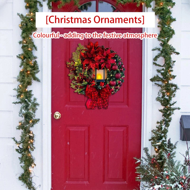 Red Wreath With Lamp Bow Ball Big Flower Navidad Party Christmas Wall Door Window Fireplace Staircase Balcony Garden Decoration