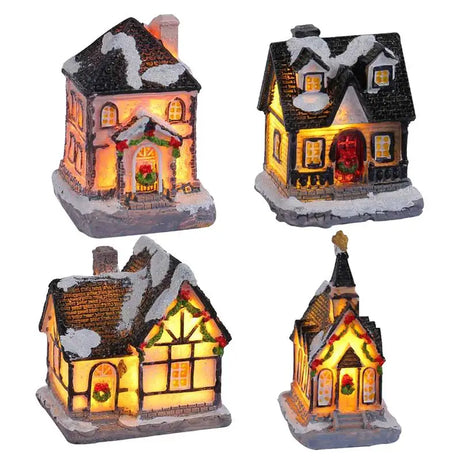 Mini Christmas Village Houses LED Lighted Resin Cottage Figure Christmas Decorations Seasonal Electric Figures For Fireplace