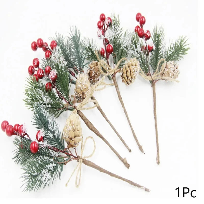 MissDeer 1Pc Articifial Pine Cone Branches with Red Berry Christmas Tree Hanging Ornament Xmas New Year Party Supplies Home Vase