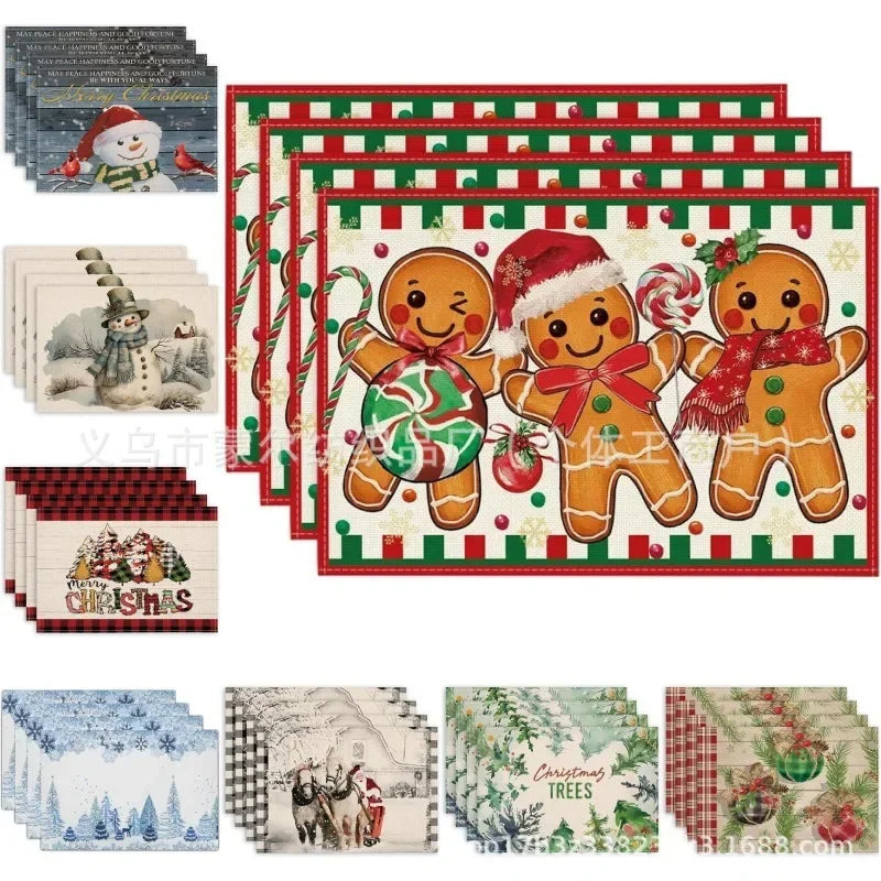 4/6/8PCS Christmas Snowman Placemats Linen Non Slip Table Mats Rectangular Hand Washable Dining Table for Kitchen Home Decor