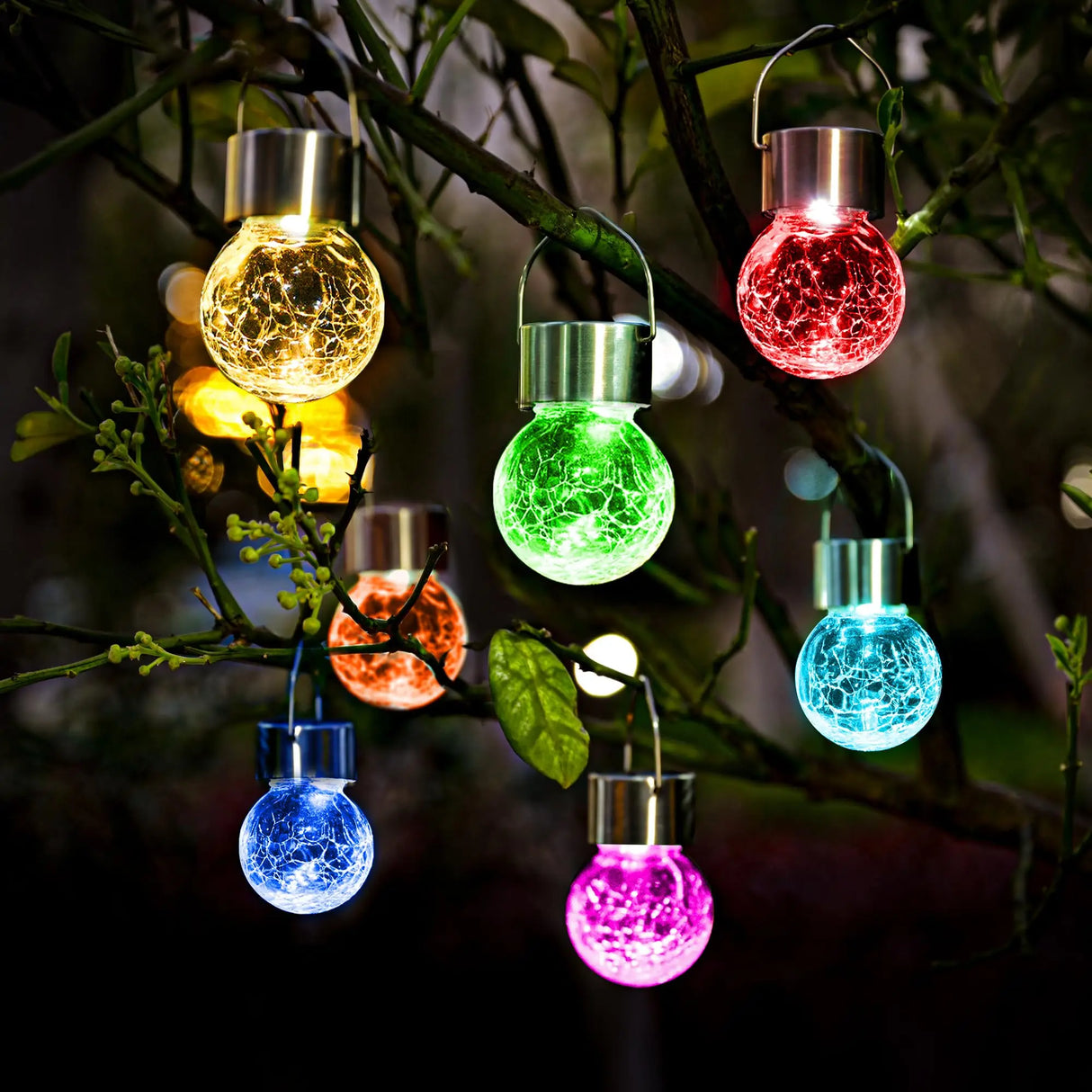 Outdoor Hanging Solar Lights Cracked Glass Waterproof LED Decorative Ball Lights with Hook for Garden Yard Christmas Tree Decor