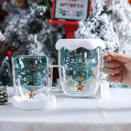 Christmas Tree Glass Cup Transparent Coffee Cup Milk Mug Tumblers With Lid and Stirring Rod Kids Children's Christmas Gift