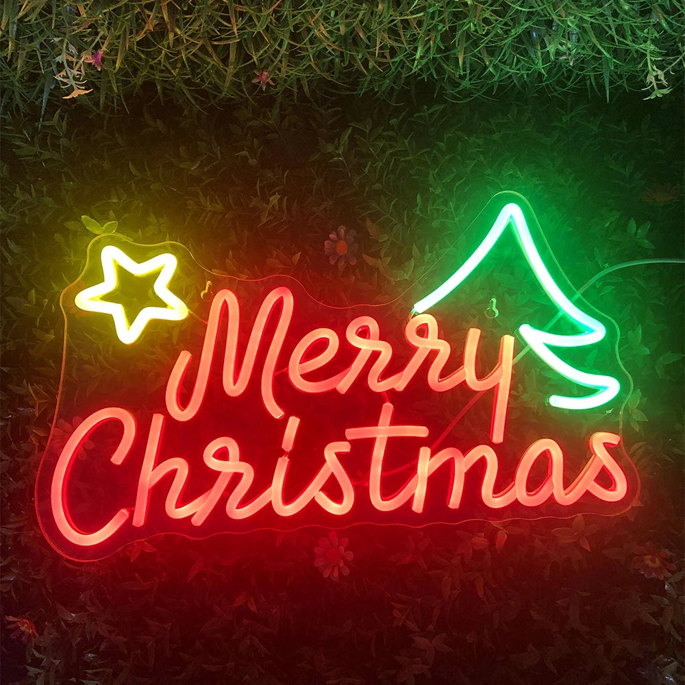 Merry Christmas Neon Sign LED Lights Art Letter Navidad Room Decoration For Bar Party Home Bedroom Dimmable Xmas Tree Wall Lamp