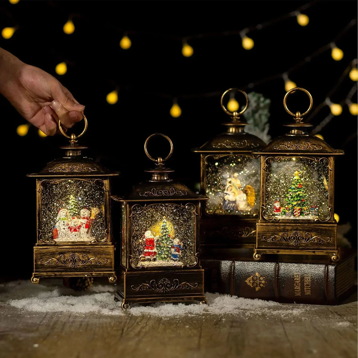 Christmas Snow Globe Lantern Music Box Swirling Glitter with Light Decorations Santa Claus Music Box Ornaments Kids Gift Toys